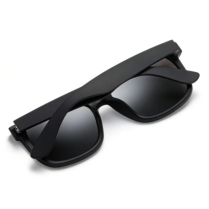 Black vintage polarized square sunglasses viewed from the side.