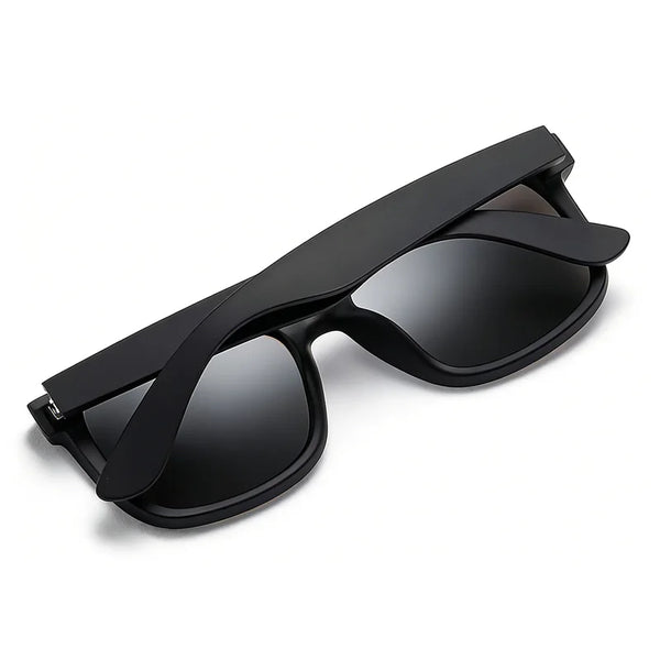 Black vintage polarized square sunglasses viewed from the side.