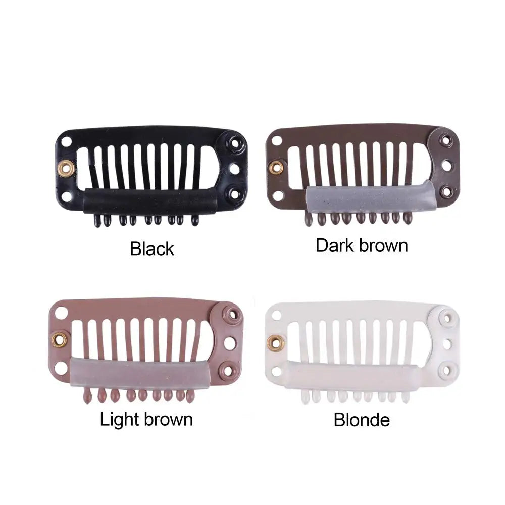 Four hair extension snap clips in black, dark brown, light brown, and blonde colors.