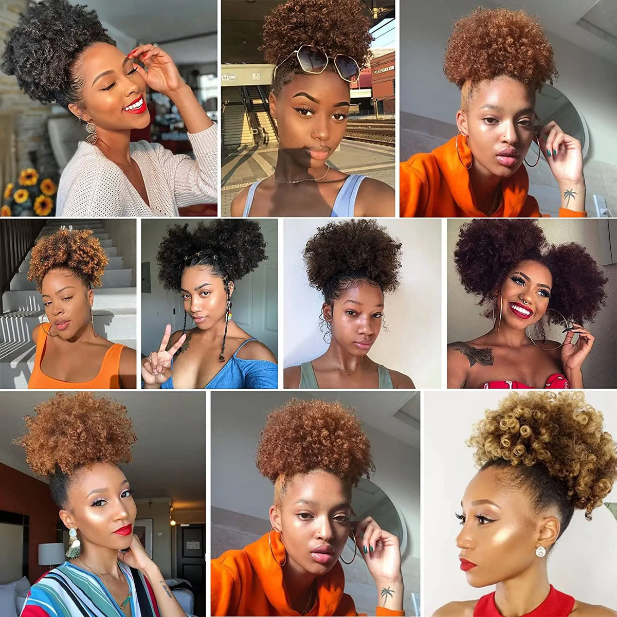 A collage of women showcasing various styles and colors of kinky drawstring ponytail extensions.