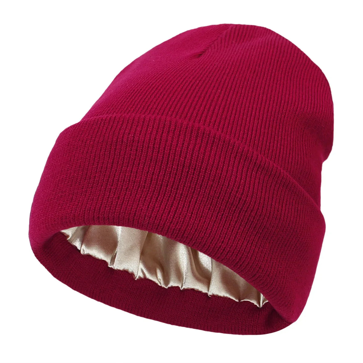 A deep magenta knitted beanie hat with a satin lining visible at the opening.