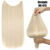 A bundle of straight, light blonde synthetic hair extensions shown next to a hand demonstrating the product's thickness.