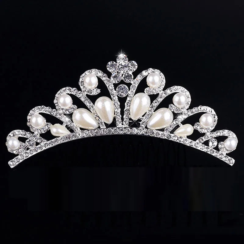 Sparkling crystal princess tiara hair comb for women featuring pearl and diamond accents