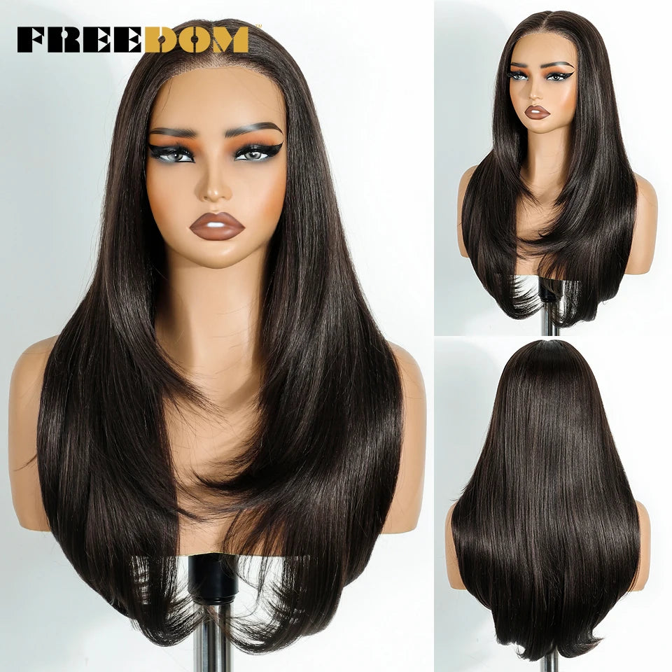A model displays a long, straight, black layered synthetic lace front wig from the front and back.