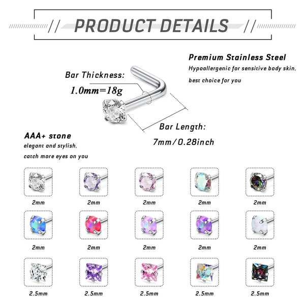A collection of premium stainless steel nose piercing studs in various sizes and stones.