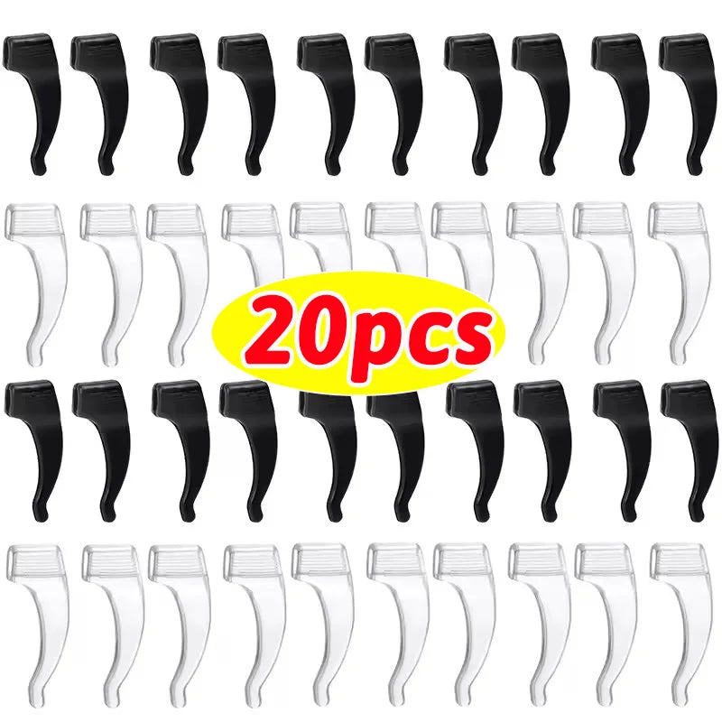 A collection of silicone anti-slip ear hooks for eyeglasses, shown in various styles and colors.