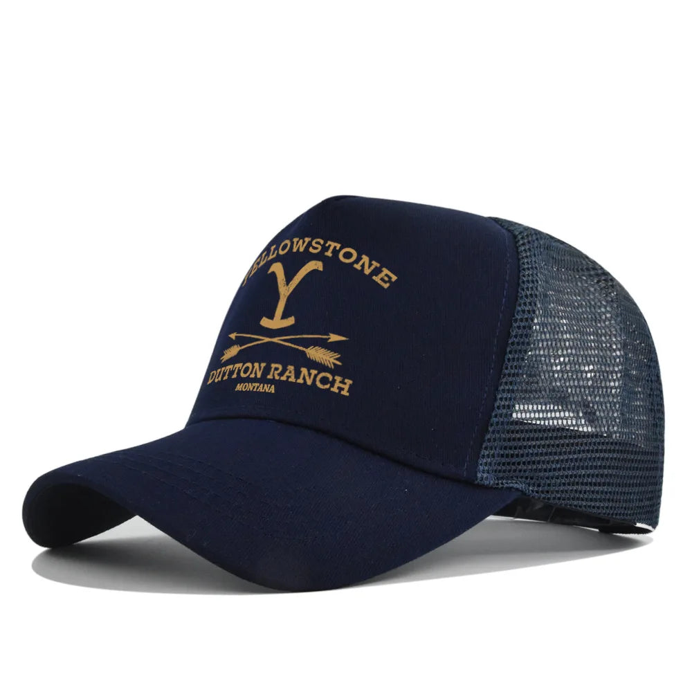 Navy blue embroidered baseball cap with a yellow 'Y' and text on the front