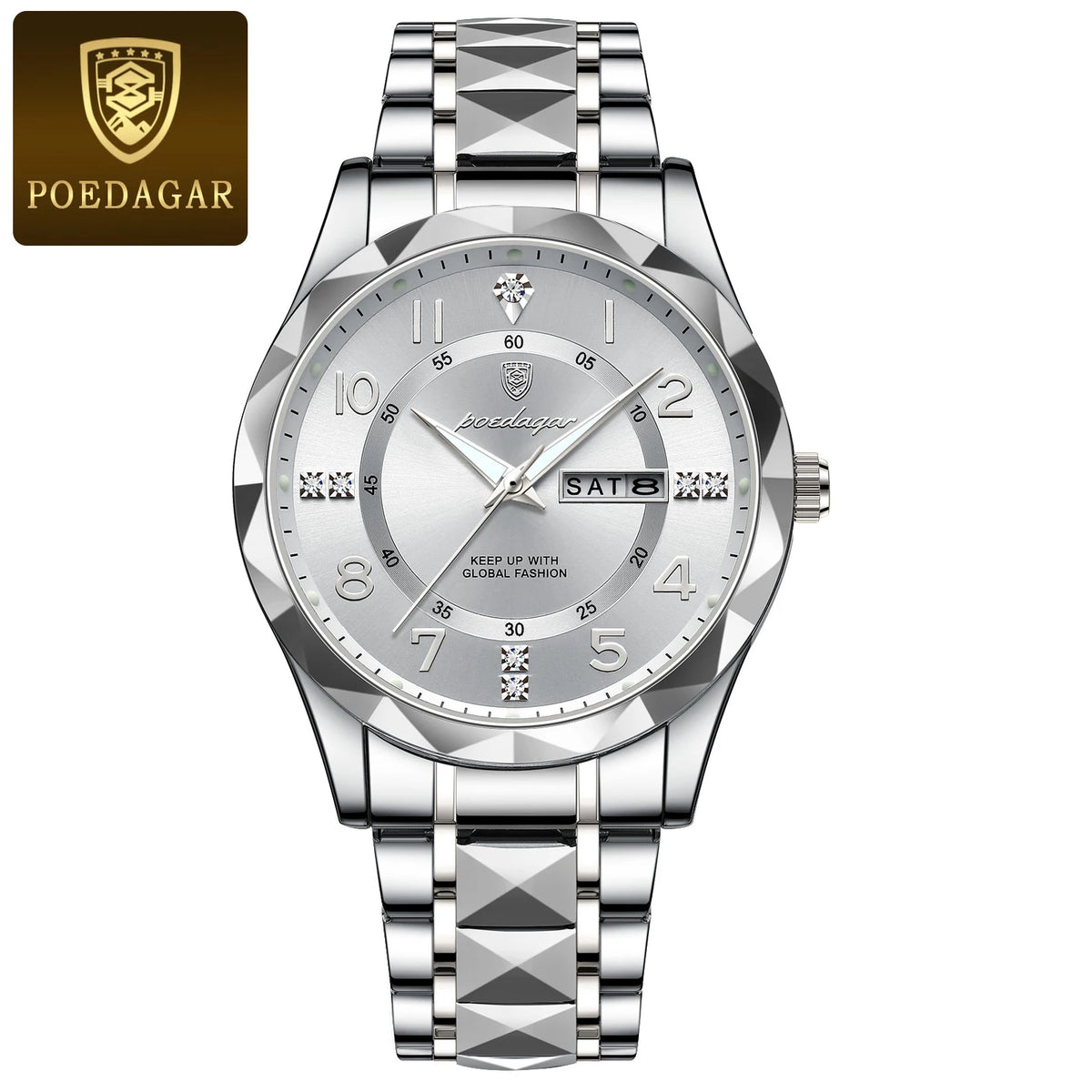 Silver men's quartz watch with a luminous dial and a stainless steel bracelet.