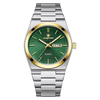 A silver-toned luxury men's waterproof quartz wristwatch with a green dial and gold accents.