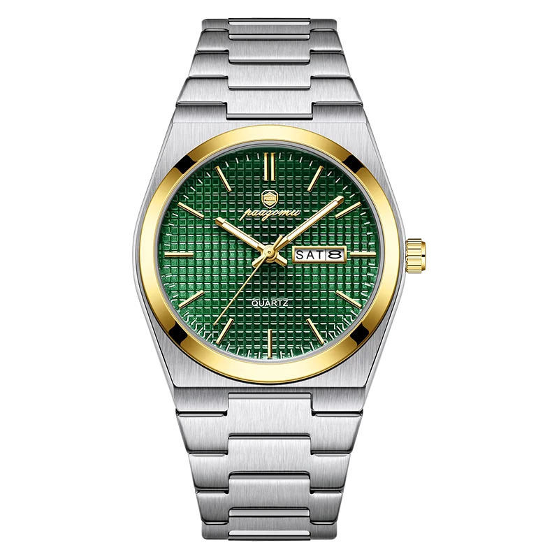 A silver-toned luxury men's waterproof quartz wristwatch with a green dial and gold accents.