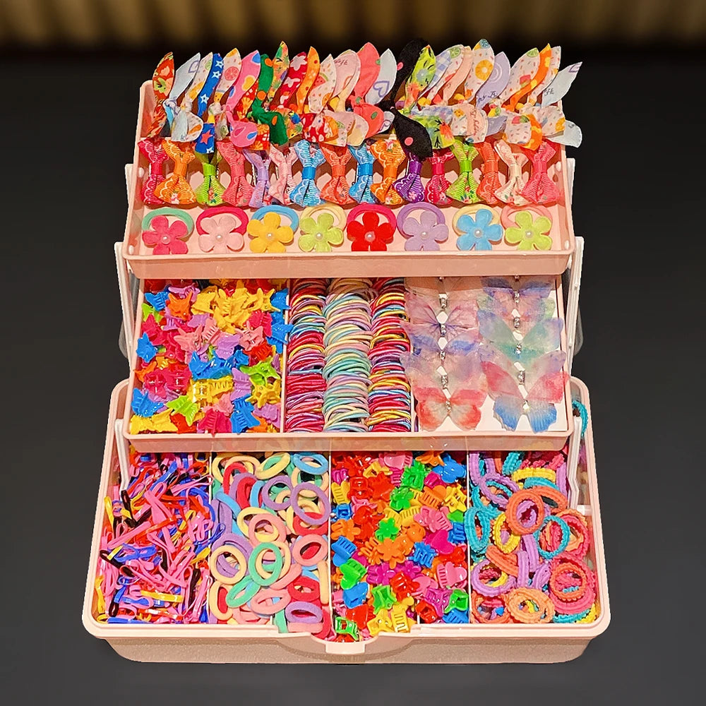 A display of colorful butterfly hair accessories in various shades and patterns arranged in tiered compartments.