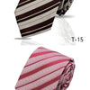 A close-up of a brown and beige striped necktie, labeled T-15, next to a red and white patterned tie, labeled T-16.