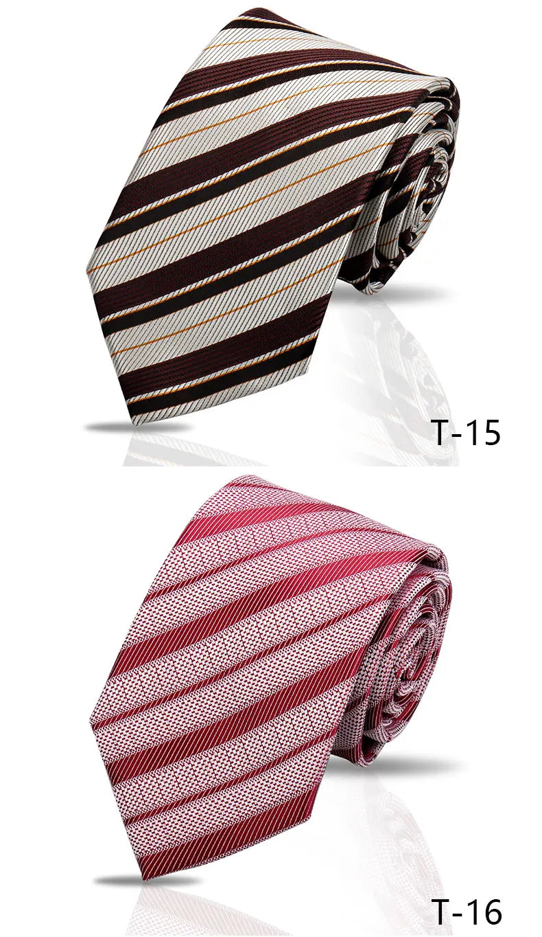 A close-up of a brown and beige striped necktie, labeled T-15, next to a red and white patterned tie, labeled T-16.