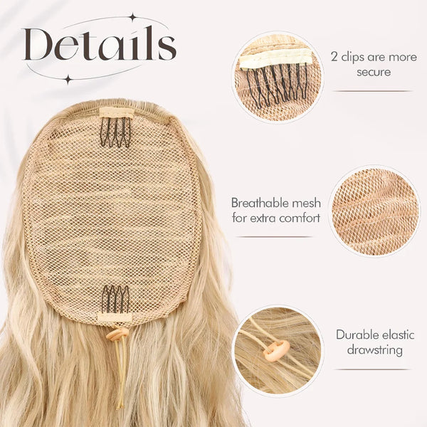 A woman shows off 36 inch synthetic drawstring hair extensions attached to her blonde hair.
