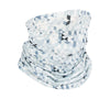 A rolled light blue and white geometric patterned sun protection head scarf.