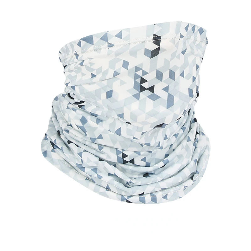 A rolled light blue and white geometric patterned sun protection head scarf.