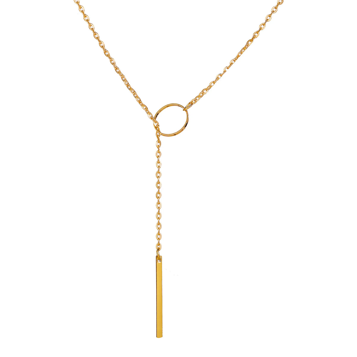 Gold stainless steel cross pendant necklace with a delicate chain and bar.