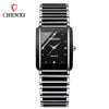 A black and silver luxury quartz couple watch with a metal band and watch face.