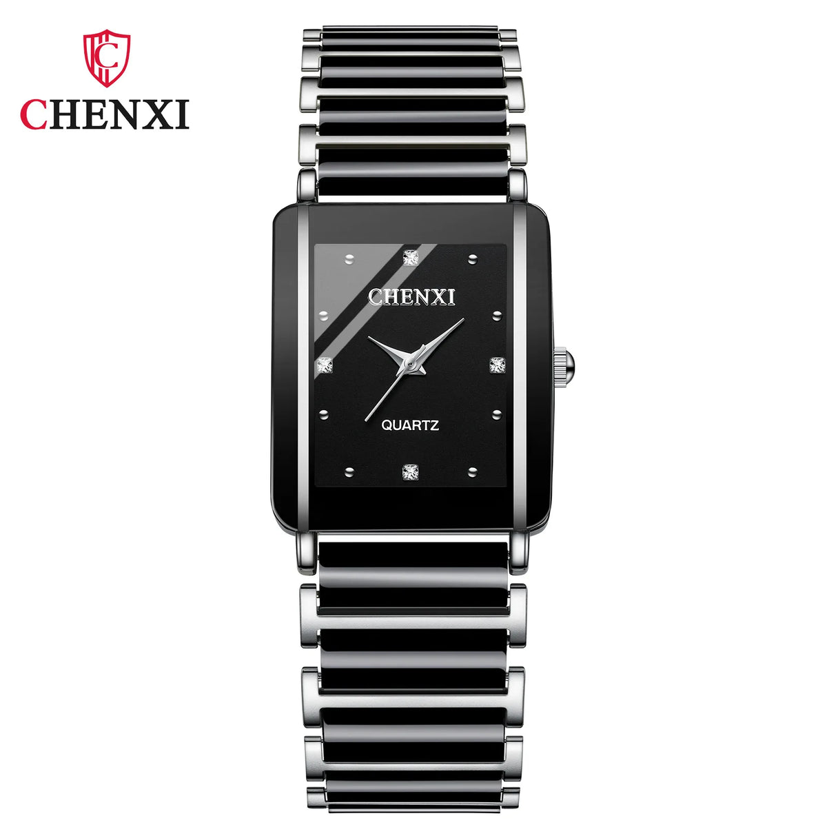A black and silver luxury quartz couple watch with a metal band and watch face.