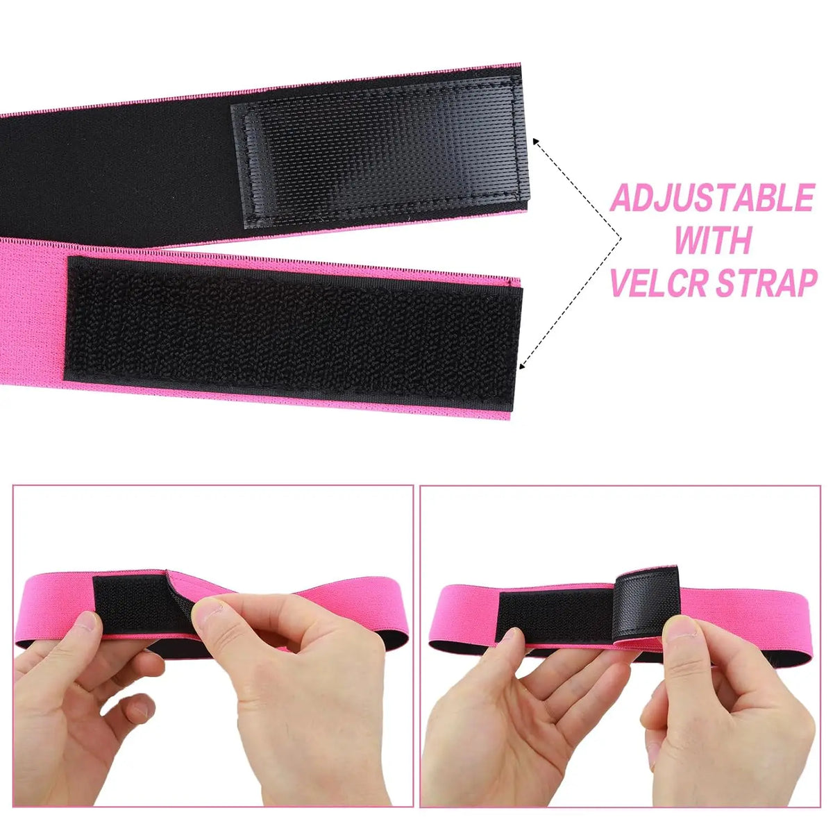 Pink and black adjustable wig band with a velcro strap shown in various angles