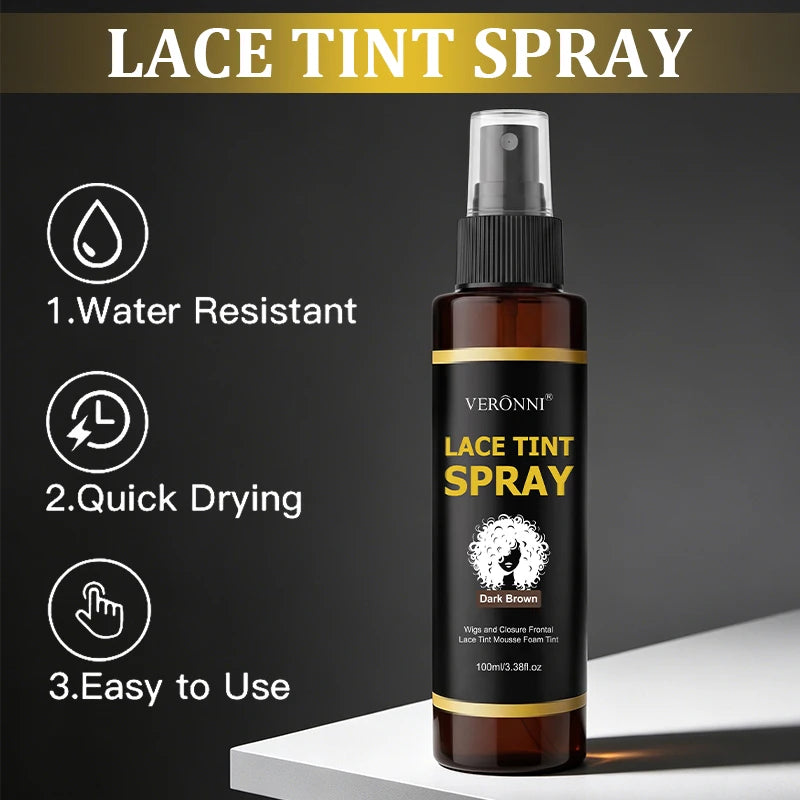 A bottle of Lace Tint Spray with a black pump dispenser is shown against a dark background.
