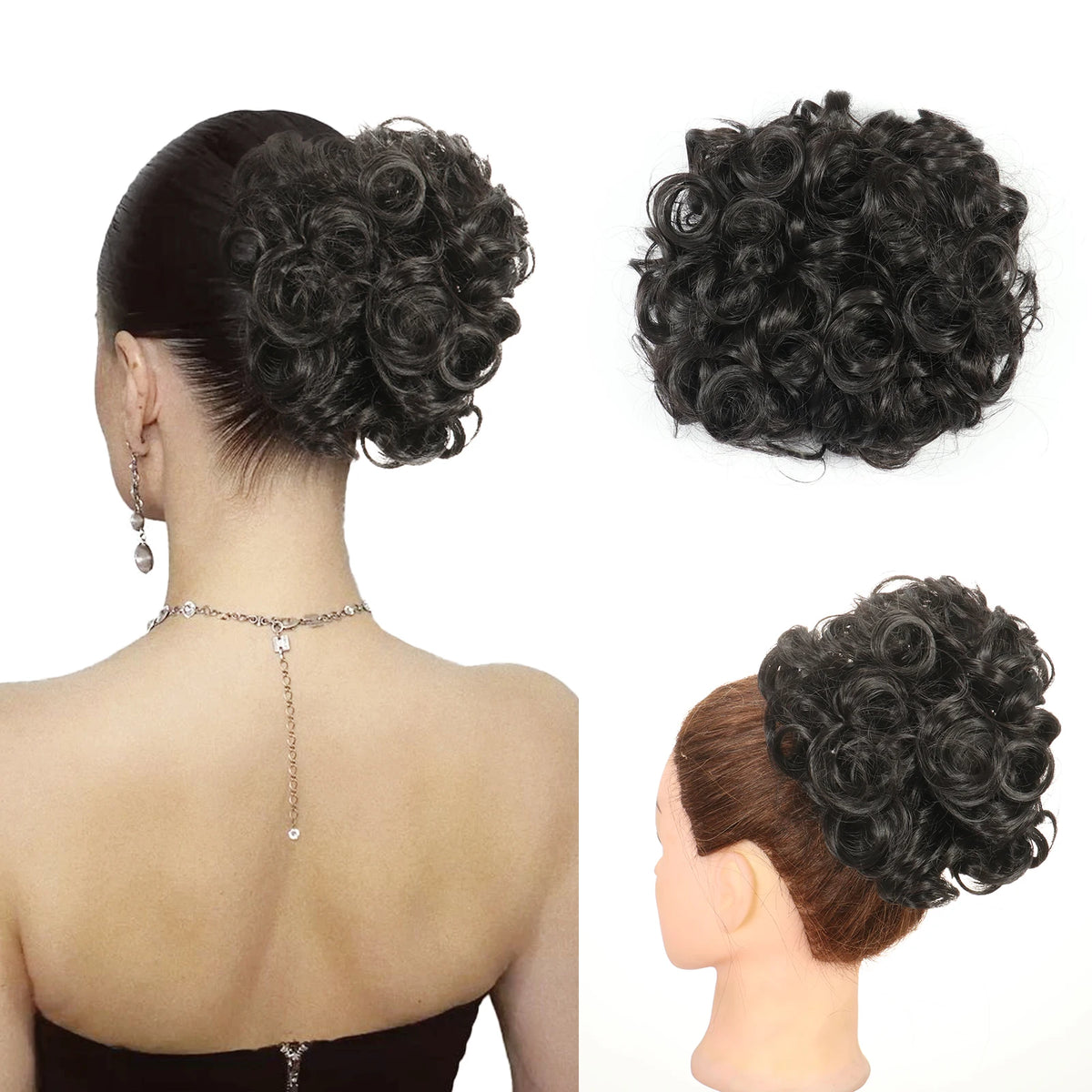 A woman's back shows a hairstyle featuring synthetic curly hair styled in an elegant chignon or messy bun.