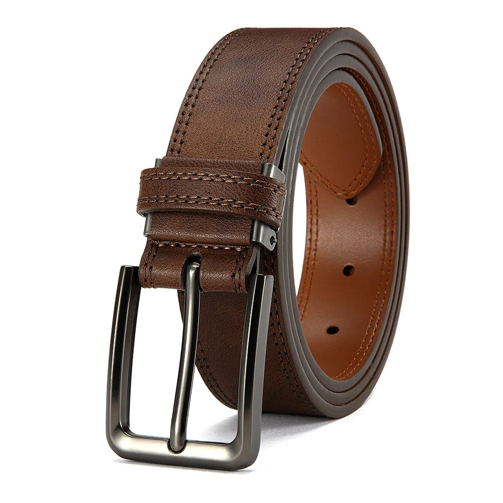 A brown leather belt with a silver automatic buckle shown from the side.