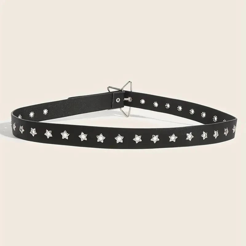 Black Y2K punk star rivet belt with silver studs and a metal buckle
