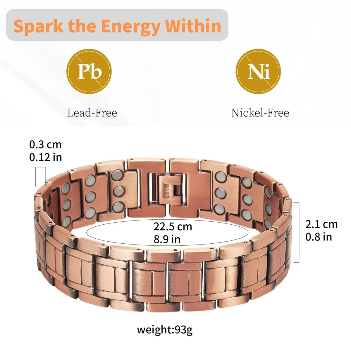 A copper magnetic bracelet set shown on a white background, featuring lead-free and nickel-free materials.