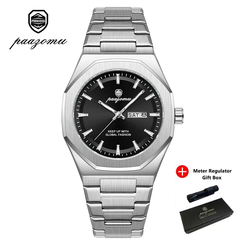 A silver stainless steel watch with a black dial and metal bracelet, presented with its box.