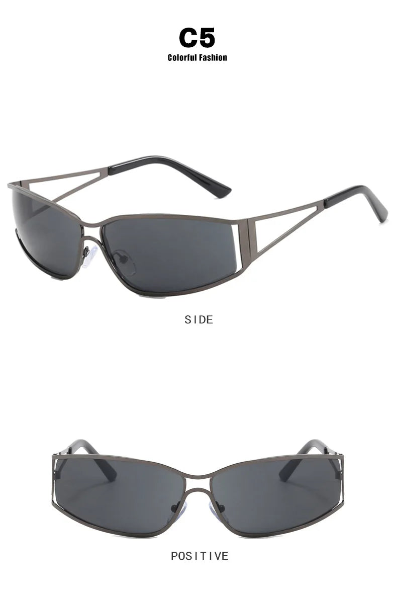 Gray gradient mirror sunglasses shown from the side and positive views.
