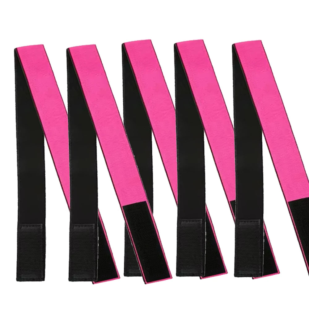 A set of pink and black adjustable elastic bands for wig edges.