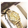 A gold-toned stainless steel quartz ladies wristwatch is displayed on a white card against a soft background.