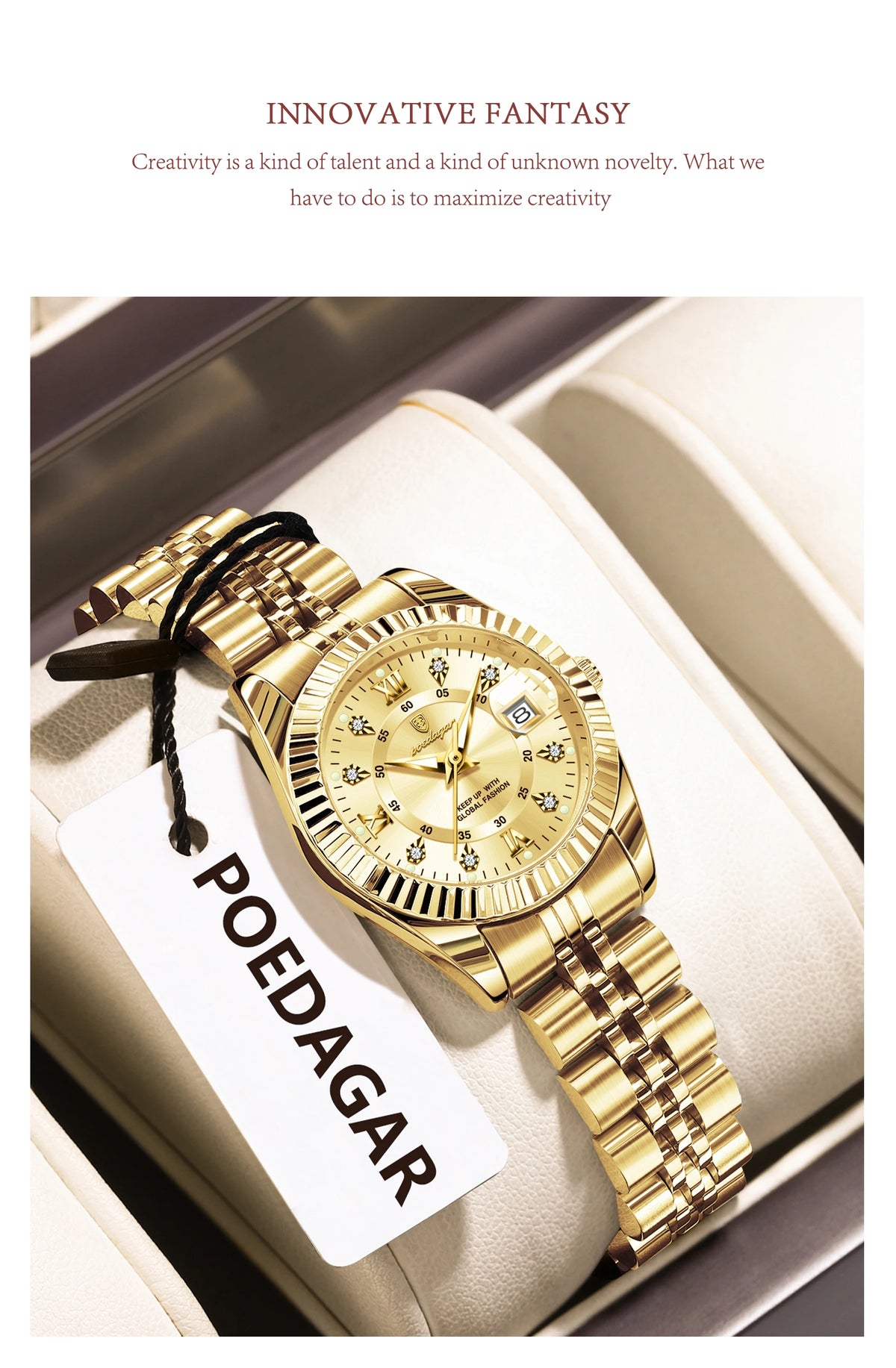 A gold-toned stainless steel quartz ladies wristwatch is displayed on a white card against a soft background.