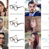 A collection of anti-blue light reading glasses shown on various models and in different styles.