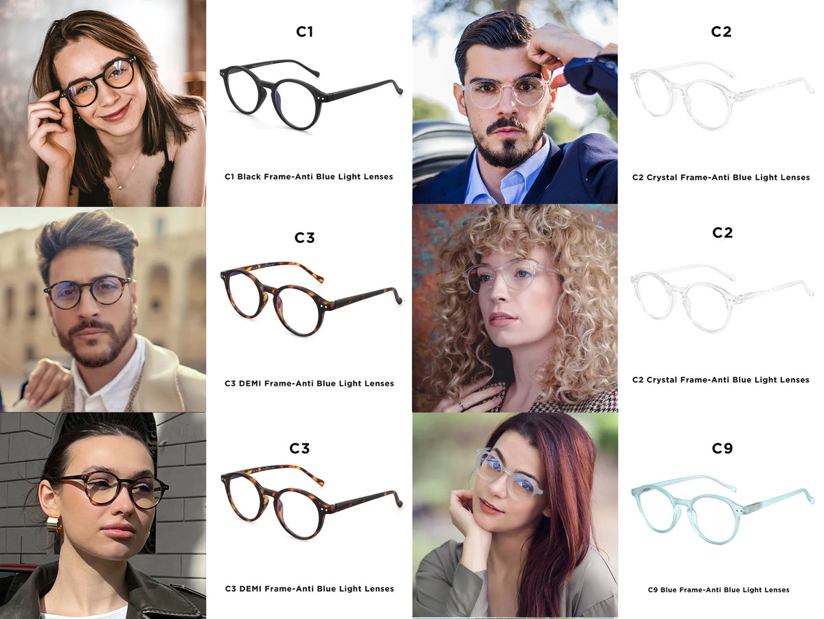 A collection of anti-blue light reading glasses shown on various models and in different styles.