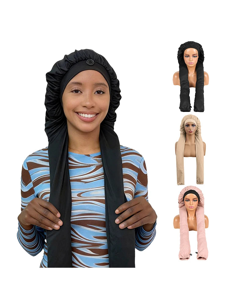 A set of long hair sleeping bonnets in black and pink for hair protection.