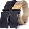 A black tactical canvas utility belt with a tan woven strap and black buckle shown from the side.