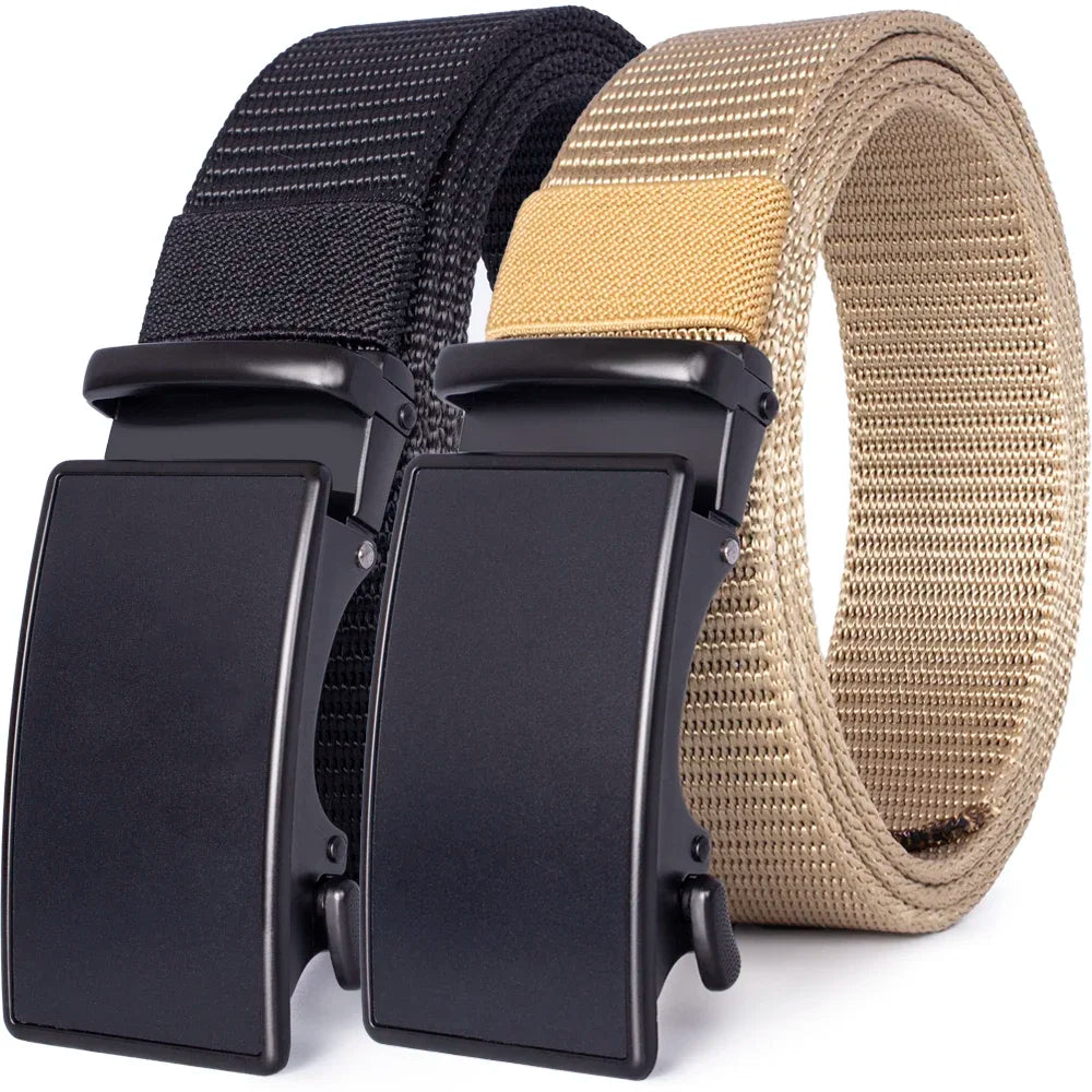 A black tactical canvas utility belt with a tan woven strap and black buckle shown from the side.