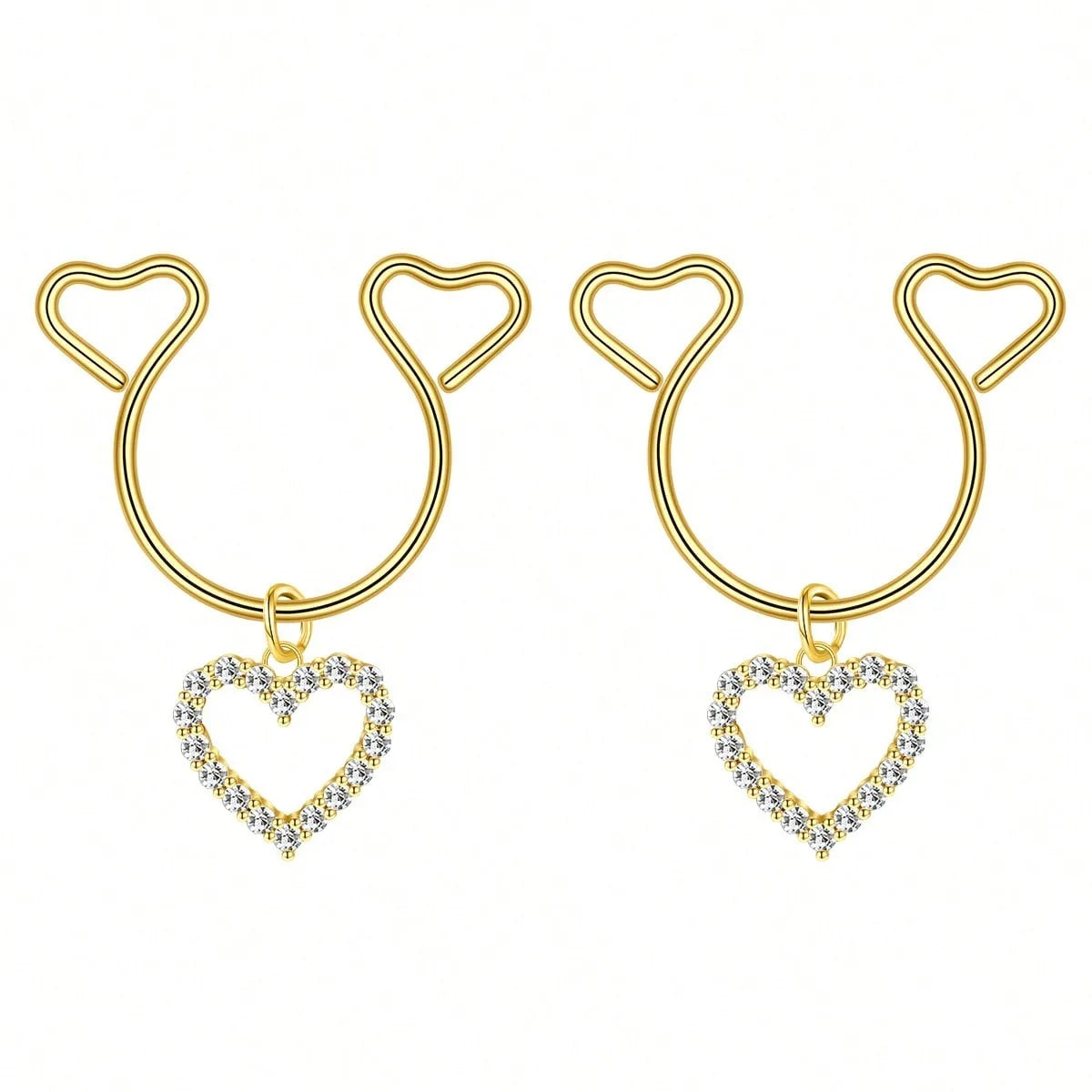 A pair of gold heart dangle non-piercing nipple rings adorned with cubic zirconia stones.