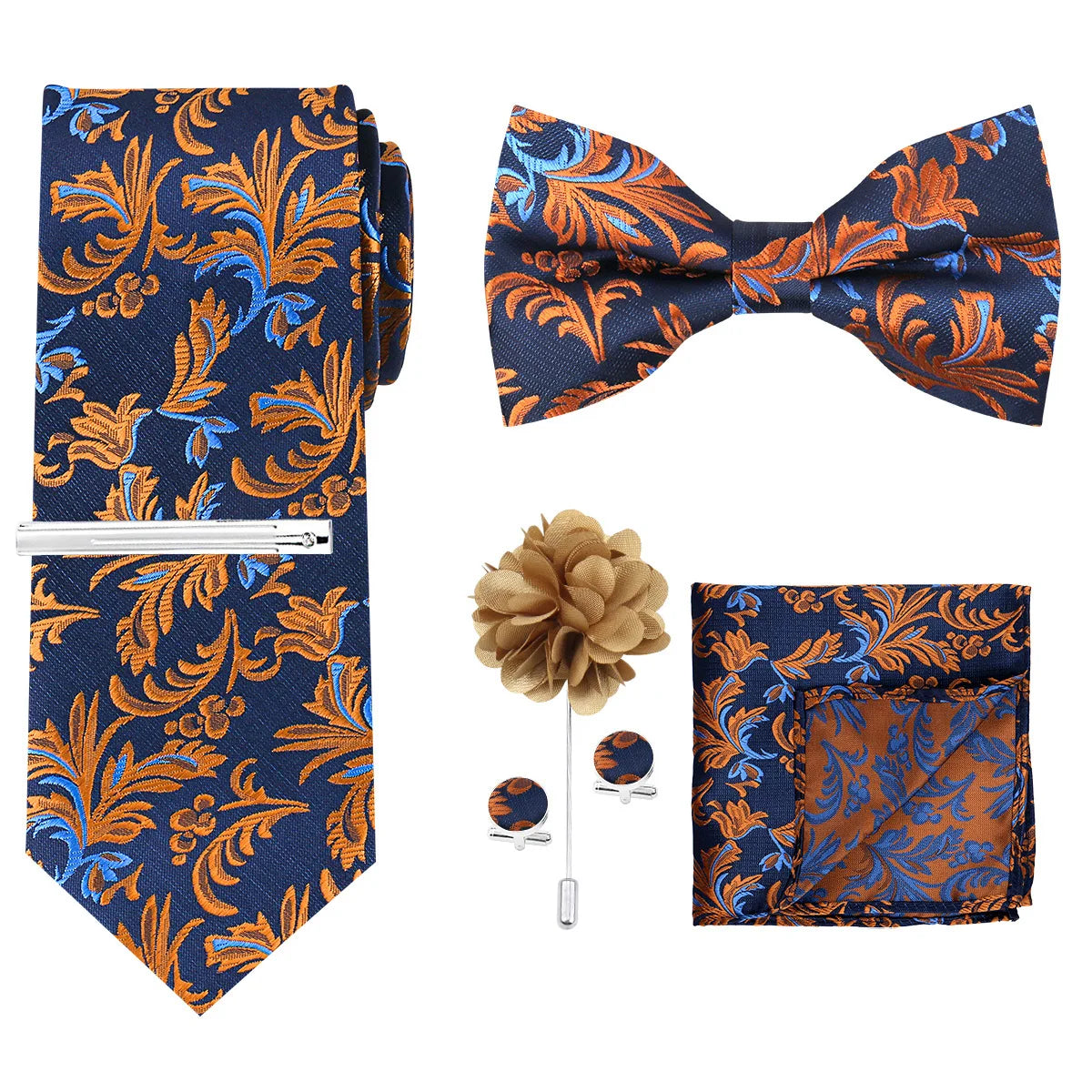 A navy blue men's formal tie and accessory set featuring an orange floral pattern, including a bow tie and pocket square.