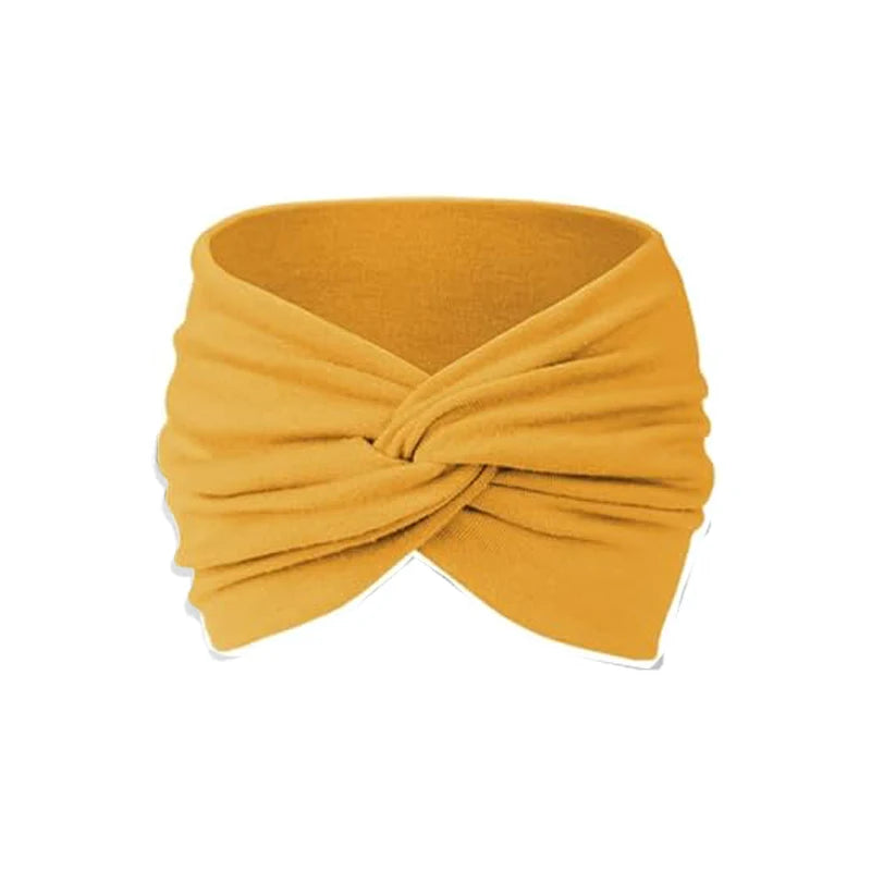 A mustard yellow fabric headband with a bohemian pattern for yoga and sports.