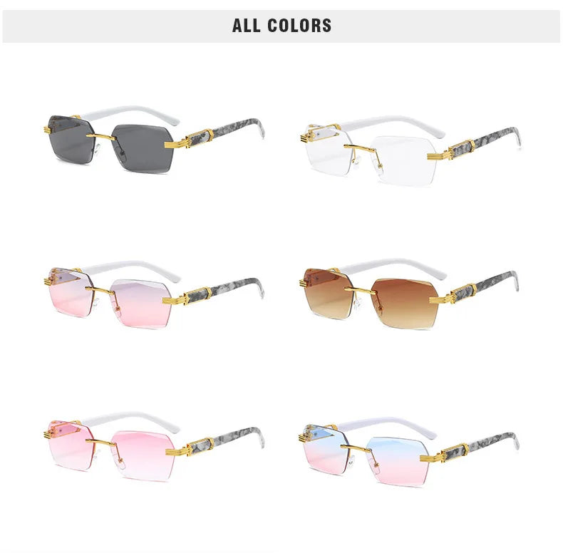 A collection of frameless gradient sunglasses shown in various colors and angles.