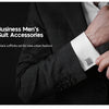 A close-up of a man's suit jacket sleeve showing black cufflinks set for new urban fashion.