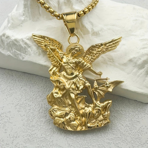 Gold-toned stainless steel cross pendant necklace featuring an angel with wings.