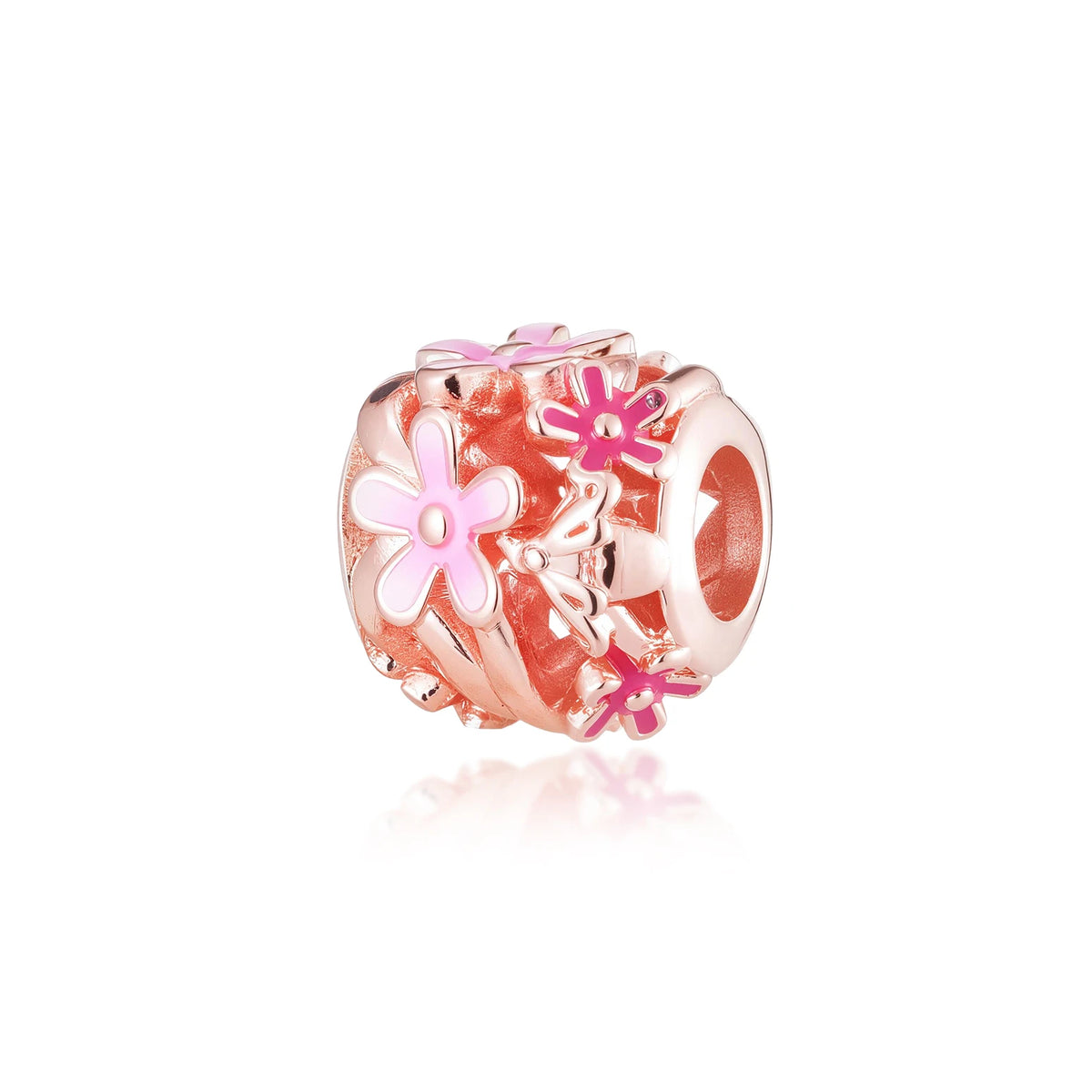 Un grupo de cuentas de adorno rosa y oro rosa con diseños florales y animales.
