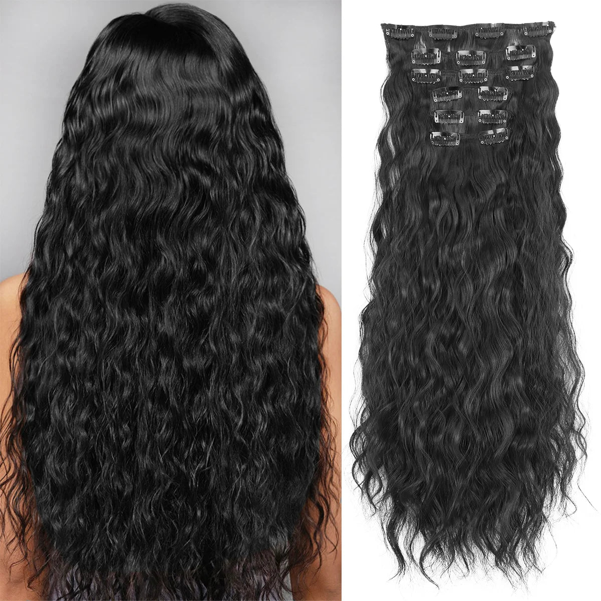 Black 22 inch curly wave synthetic hair extensions with 16 clips