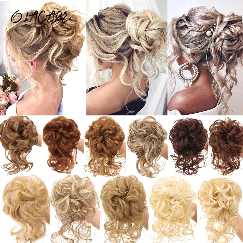 Verschiedene Stile natürlicher synthetischer Haarbändel und Hochsteckfrisuren in blonden, braunen und hellblonden Farben.