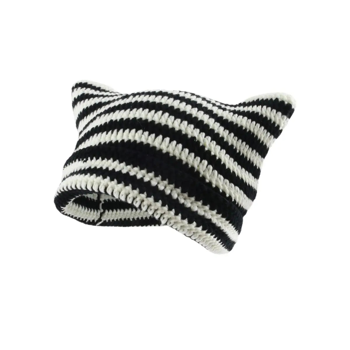 Black and white striped crocheted cat ears beanie hat