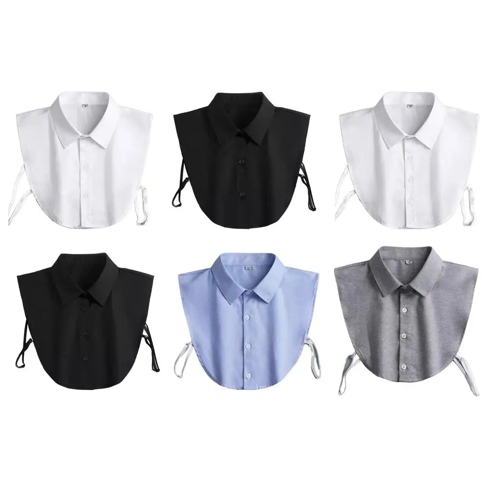 A set of detachable decorative collars for shirts and sweaters shown in black, white, and light blue.